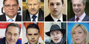 A combination made in Paris on May 26, 2014 of eight files pictures shows (from L to R, top to bottom), chairman of the True Finns party Timo Soini, leader of the German neo-Nazi party NPD Udo Voigt, Greece's Golden Dawn spokesman and parliament member Ilias Kasidiaris, United Kingdom Independence Party (UKIP) leader Nigel Farage, leader of right-wing Austrian Freedom Party (FPOe) party Heinz-Christian Strache,  Chairman of Hungarian far-right parliamentary JOBBIK (Better) party Gabor Vona, Danish Peoples Party's Morten Messerschmidt and France's far-right National Front (FN) leader Marine Le Pen. France's far-right National Front and Britain's UKIP led a eurosceptic "earthquake" in EU parliamentary polls, sending shockwaves across Europe and beyond. The EU Parliament's own projections showed the extent of the anti-EU breakthrough, with eurosceptic parties set to win around 140 seats in the 751-seat assembly. AFP PHOTO